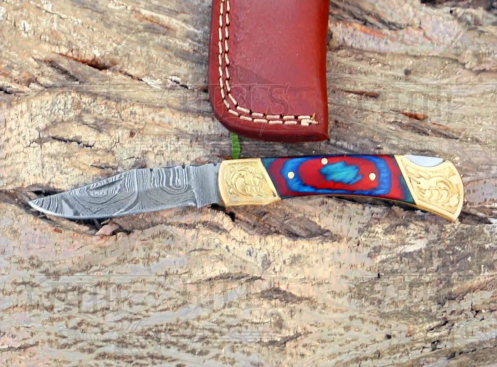 Custom Hand Forged Damascus Steel Folding Knife Engraved Brass Bolster With Stained Wood Handle Wh