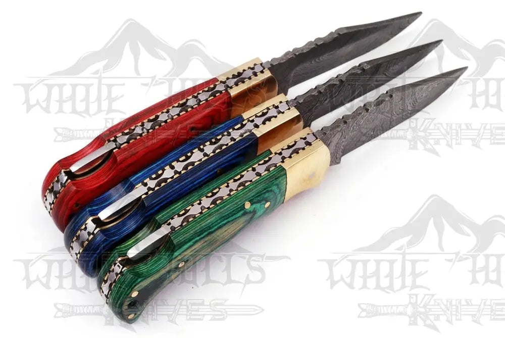 Folding Knife Hand Forged Damascus Stain Wood Handle With Engraved Bolster  WH 1558
