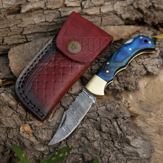 Custom Hand Forged Damascus Steel Folding Knife Stained Wood Handle Wh 1255