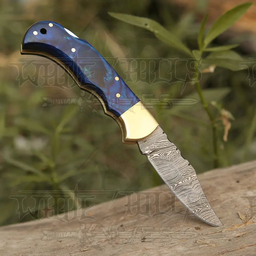 Custom Hand Forged Damascus Steel Folding Knife Stained Wood Handle Wh 1255 Blue