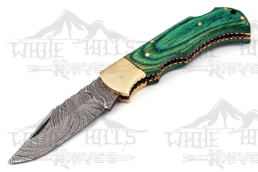 Custom Hand Forged Damascus Steel Folding Knife Stained Wood Handle Wh 1255 Green