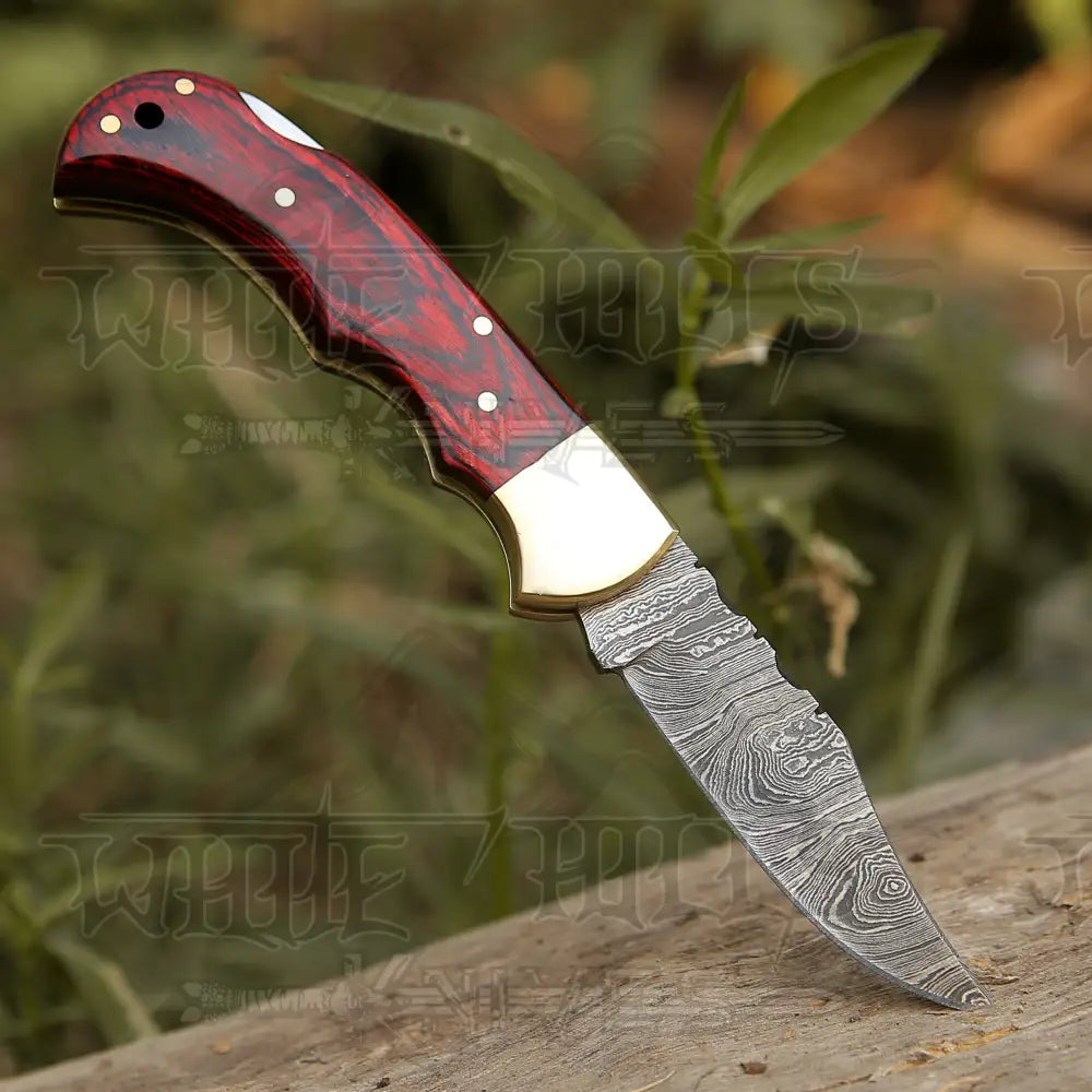 Custom Hand Forged Damascus Steel Folding Knife Stained Wood Handle Wh 1255 Red