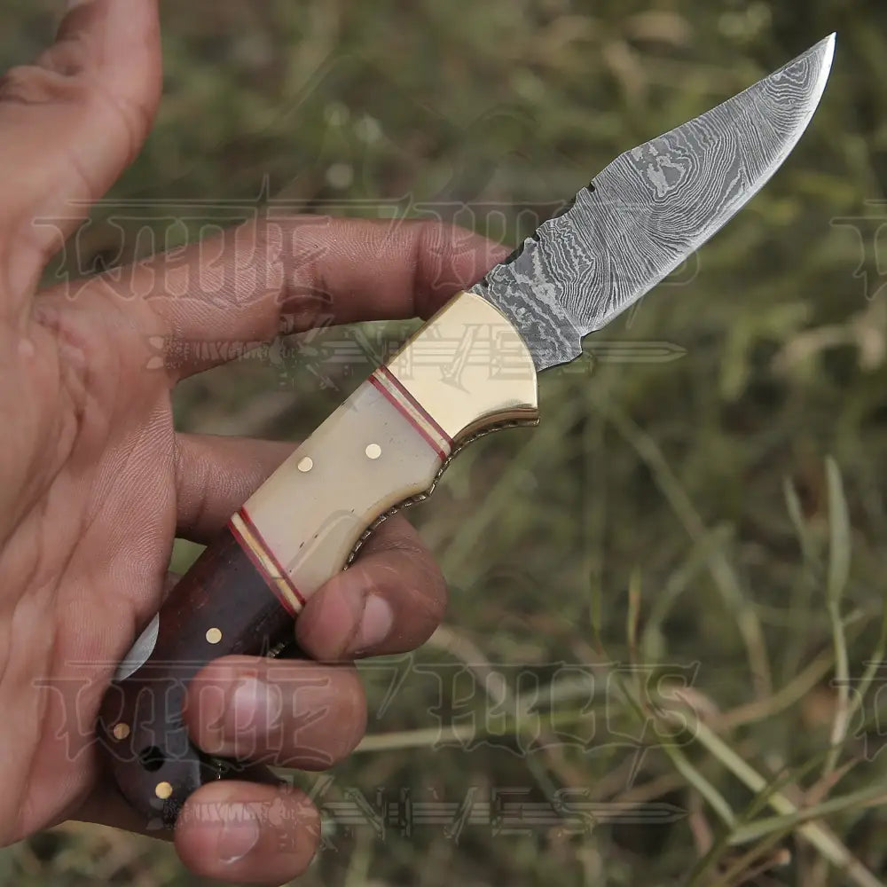 Custom Hand Forged Damascus Steel Folding Knife W/ Rose Wood & Bone Handle Wh 1280