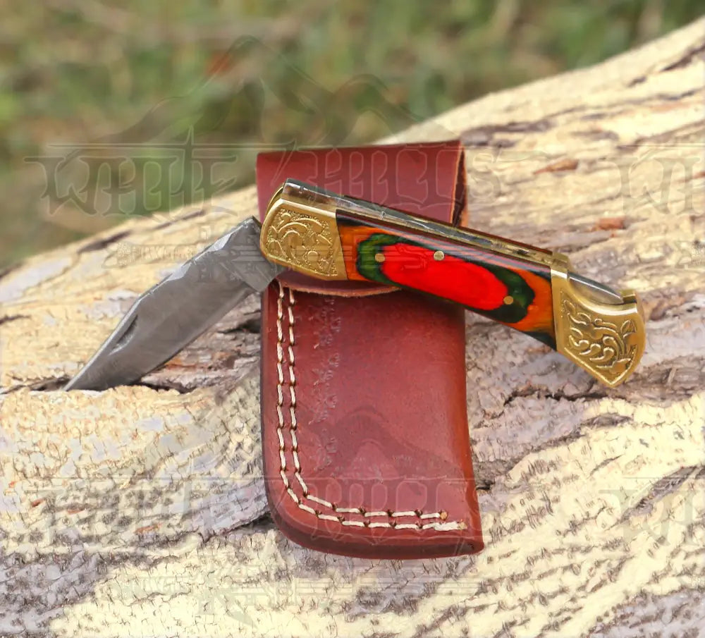 Custom Hand Forged Damascus Steel Folding Knife With Brass Bolster And Wood Handle Wh 2261