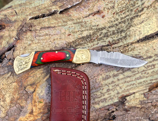 Custom Hand Forged Damascus Steel Folding Knife With Brass Bolster And Wood Handle Wh 2261