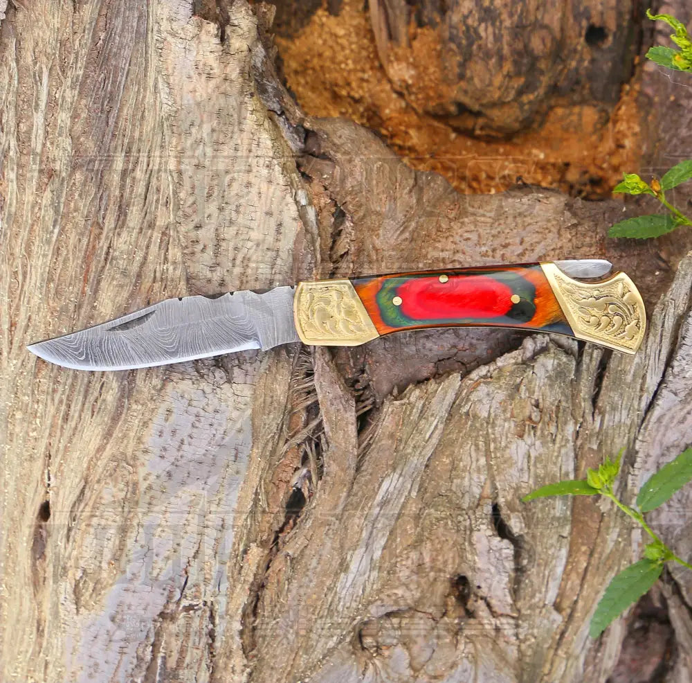 Custom Hand Forged Damascus Steel Folding Knife With Brass Bolster And Wood Handle Wh 2261