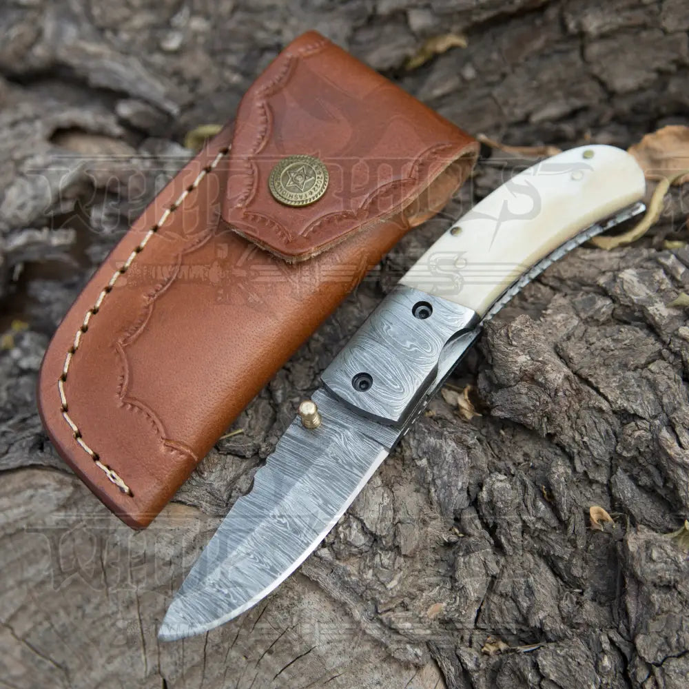 Custom Hand Forged Damascus Steel Hunting Folding Knife With Bolster & Camel Bone Handle Wh 3536
