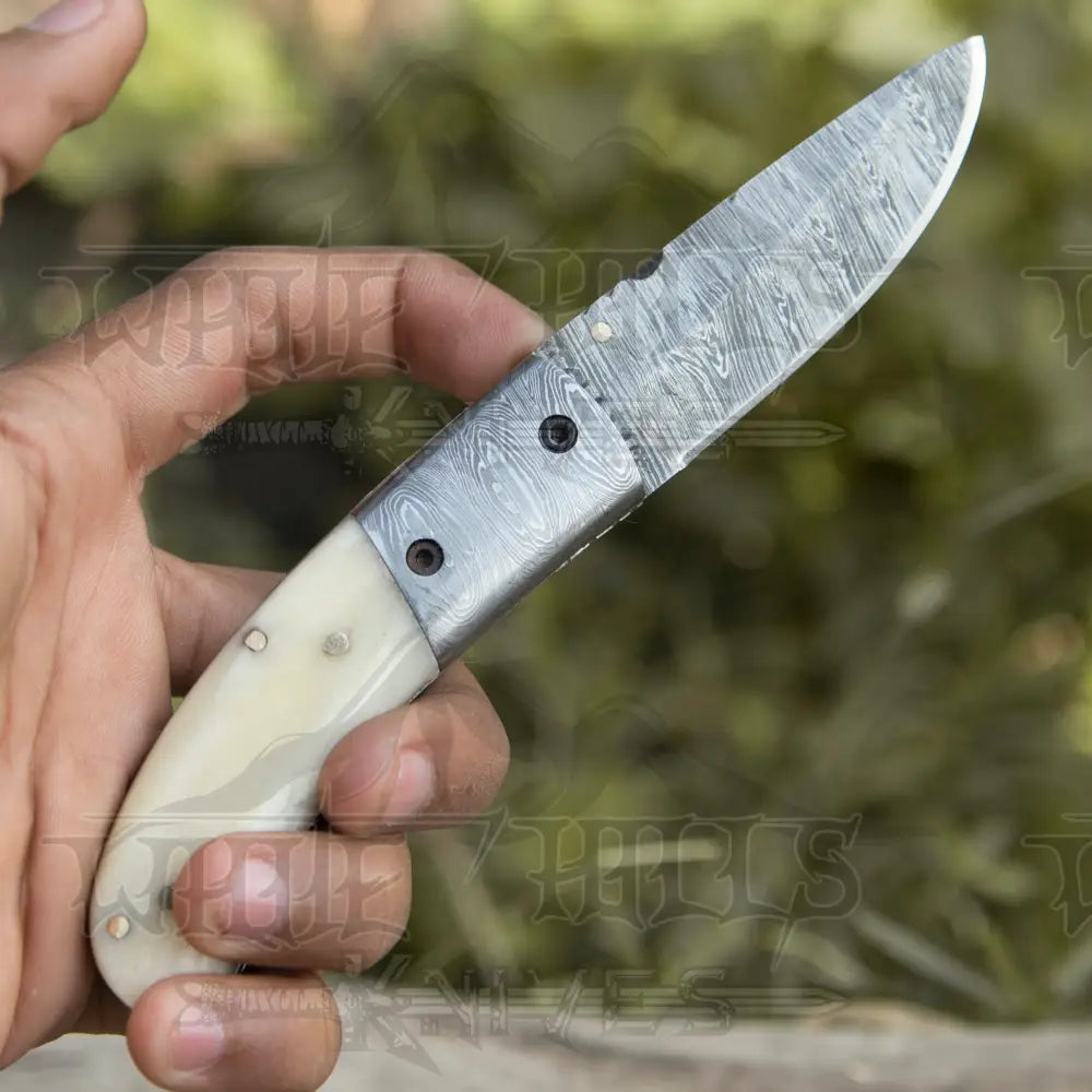 Custom Hand Forged Damascus Steel Hunting Folding Knife With Bolster & Camel Bone Handle Wh 3536