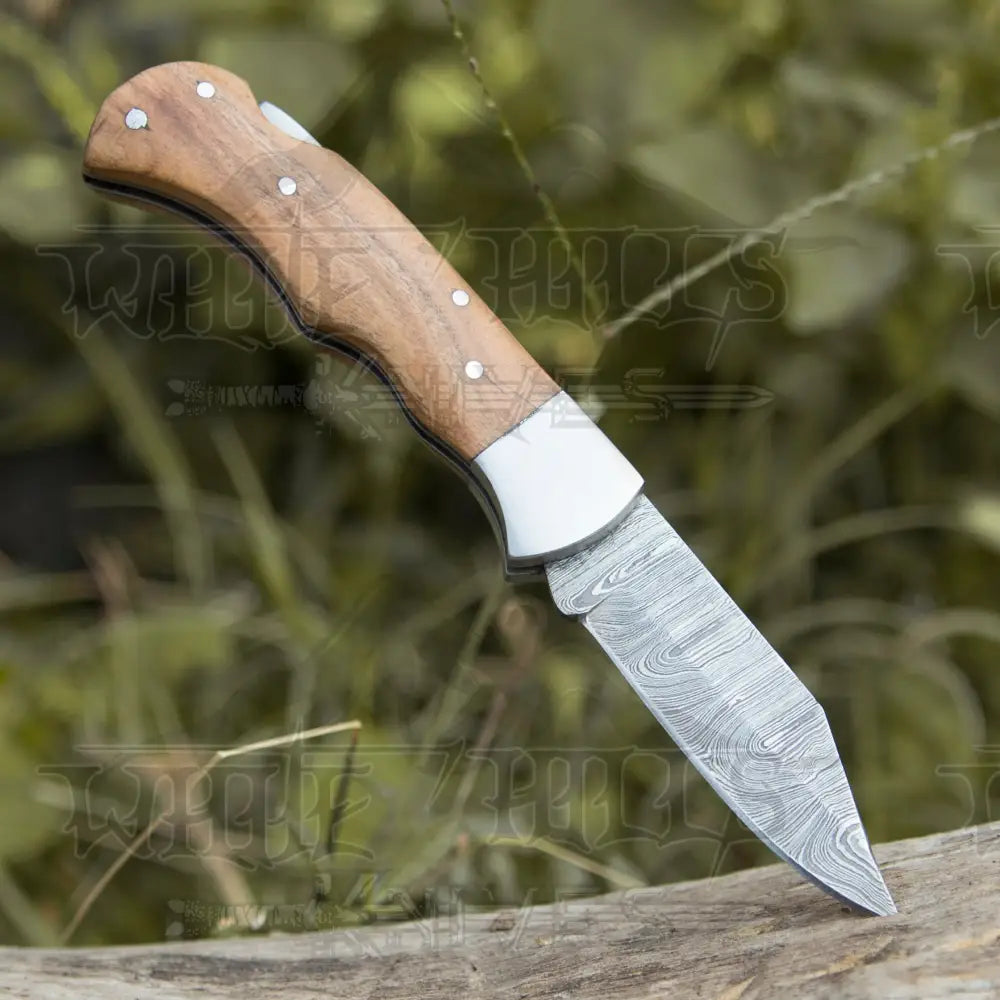 Custom Hand Made Damascus Steel Hunting Folding Knife With Bolster & Olive Wood Handle Wh 3507
