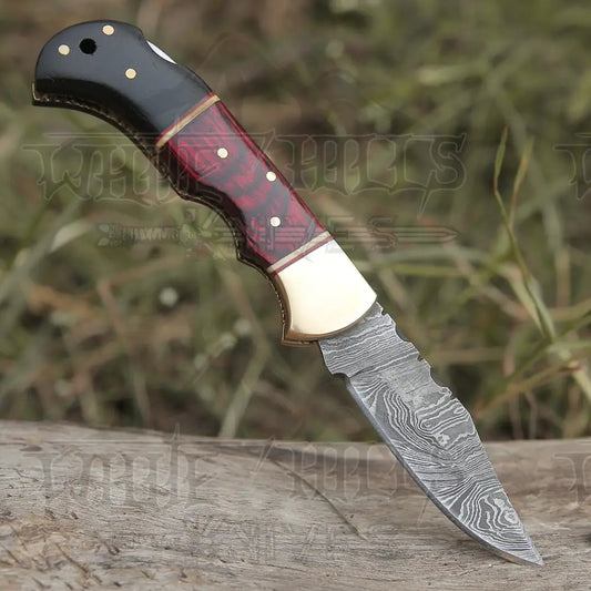 Custom Hand Made Damascus Steel Hunting Folding Knife With Brass Bolster & Bull Horn Wood Handle Wh