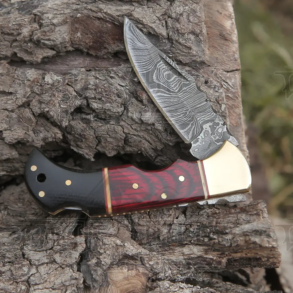 Custom Hand Made Damascus Steel Hunting Folding Knife With Brass Bolster & Bull Horn Wood Handle Wh
