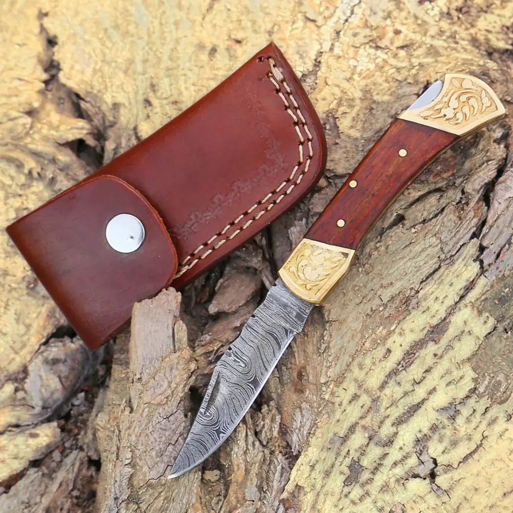 Custom Hand Made Damascus Steel Hunting Folding Knife With Brass Bolster & Stained Wood Handle Wh