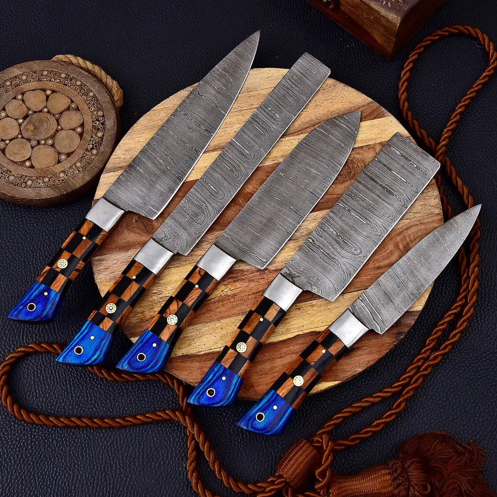 Custom Hand Made Forged Damascus Chef Knife Set Steel Bolster With Bone & Color Sheath Handle Wh