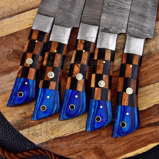 Custom Hand Made Forged Damascus Chef Knife Set Steel Bolster With Bone & Color Sheath Handle Wh