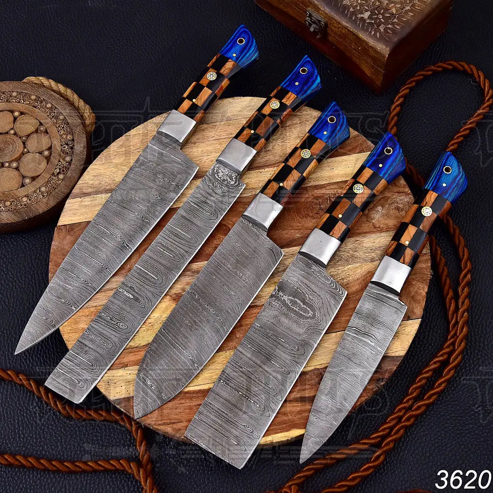 Custom Hand Made Forged Damascus Chef Knife Set Steel Bolster With Bone & Color Sheath Handle Wh