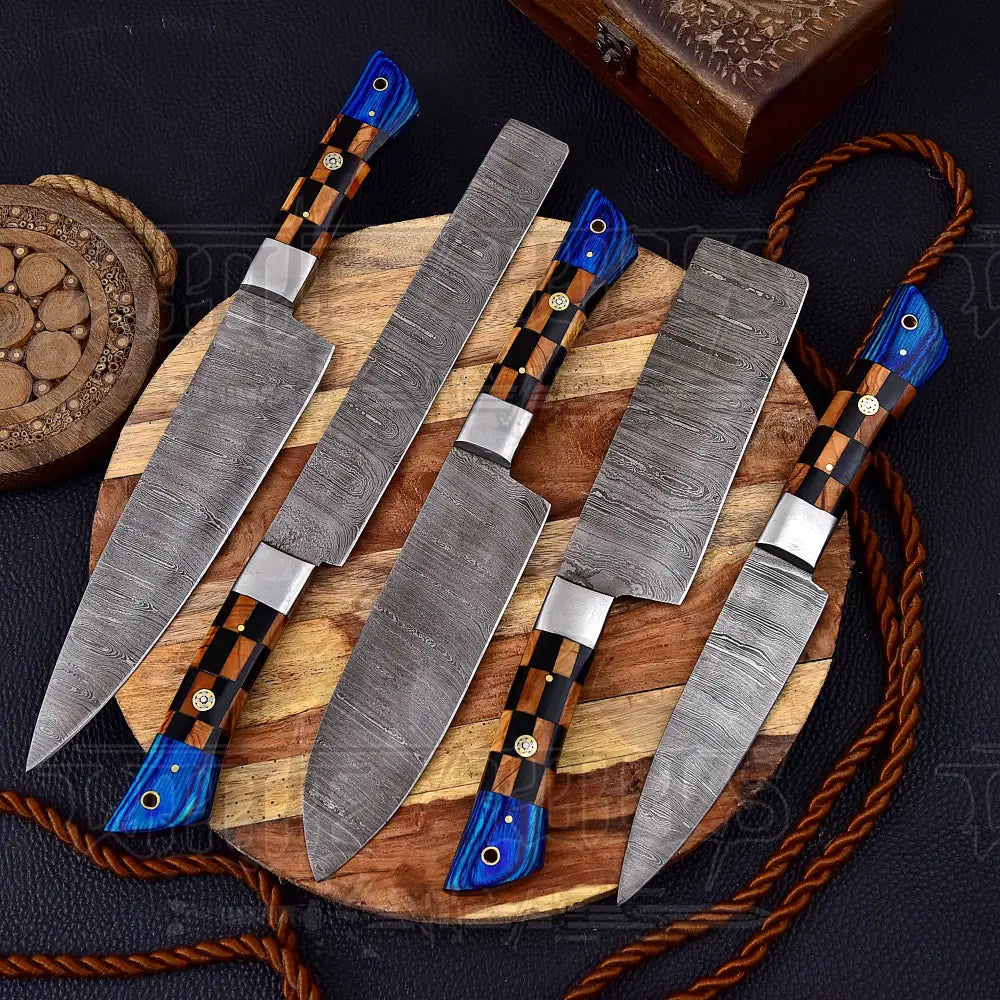 Custom Hand Made Forged Damascus Chef Knife Set Steel Bolster With Bone & Color Sheath Handle Wh