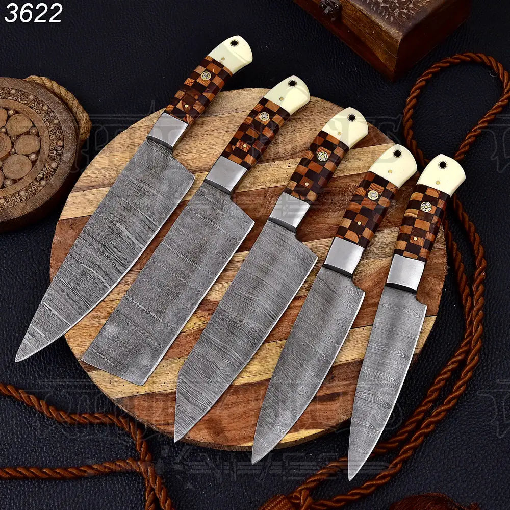 Custom Hand Made Forged Damascus Chef Knife Set Steel Bolster With Bone & Dark Wood Handle Wh 3622