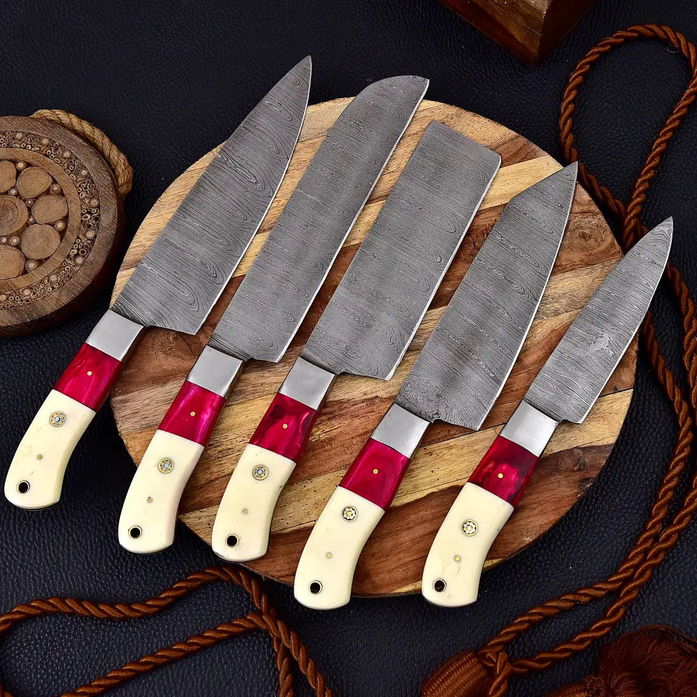 Handmade Damascus Kitchen Knife Set with wood handle and Damascus