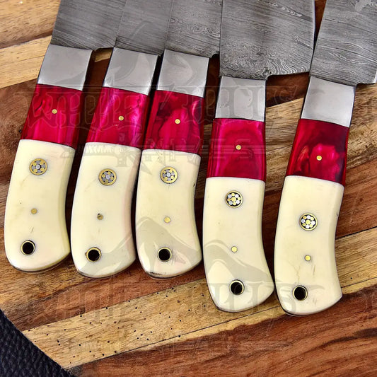 Custom Hand Made Forged Damascus Chef Knife Set Steel Bolster With Bone & Stained Wood Handle Wh