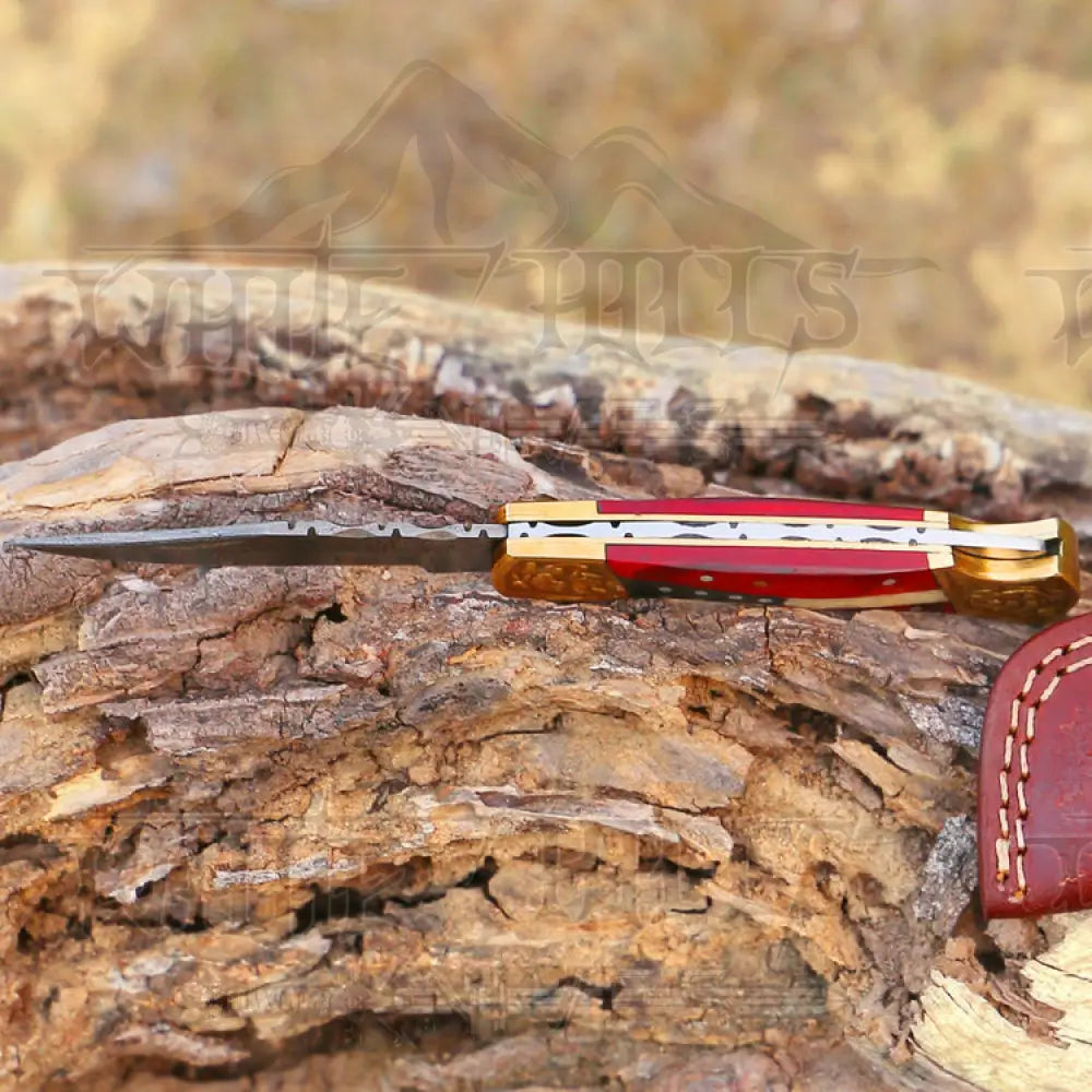 Custom Hand Made Forged Damascus Folding Knife Engraved Brass Stained Wood Handle Wh 2823