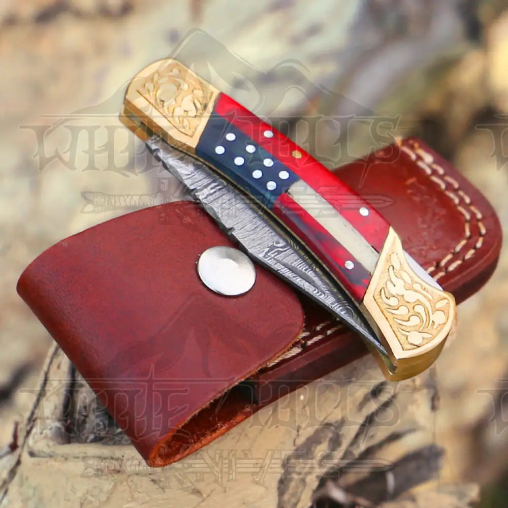 Custom Hand Made Forged Damascus Folding Knife Engraved Brass Stained Wood Handle Wh 2823