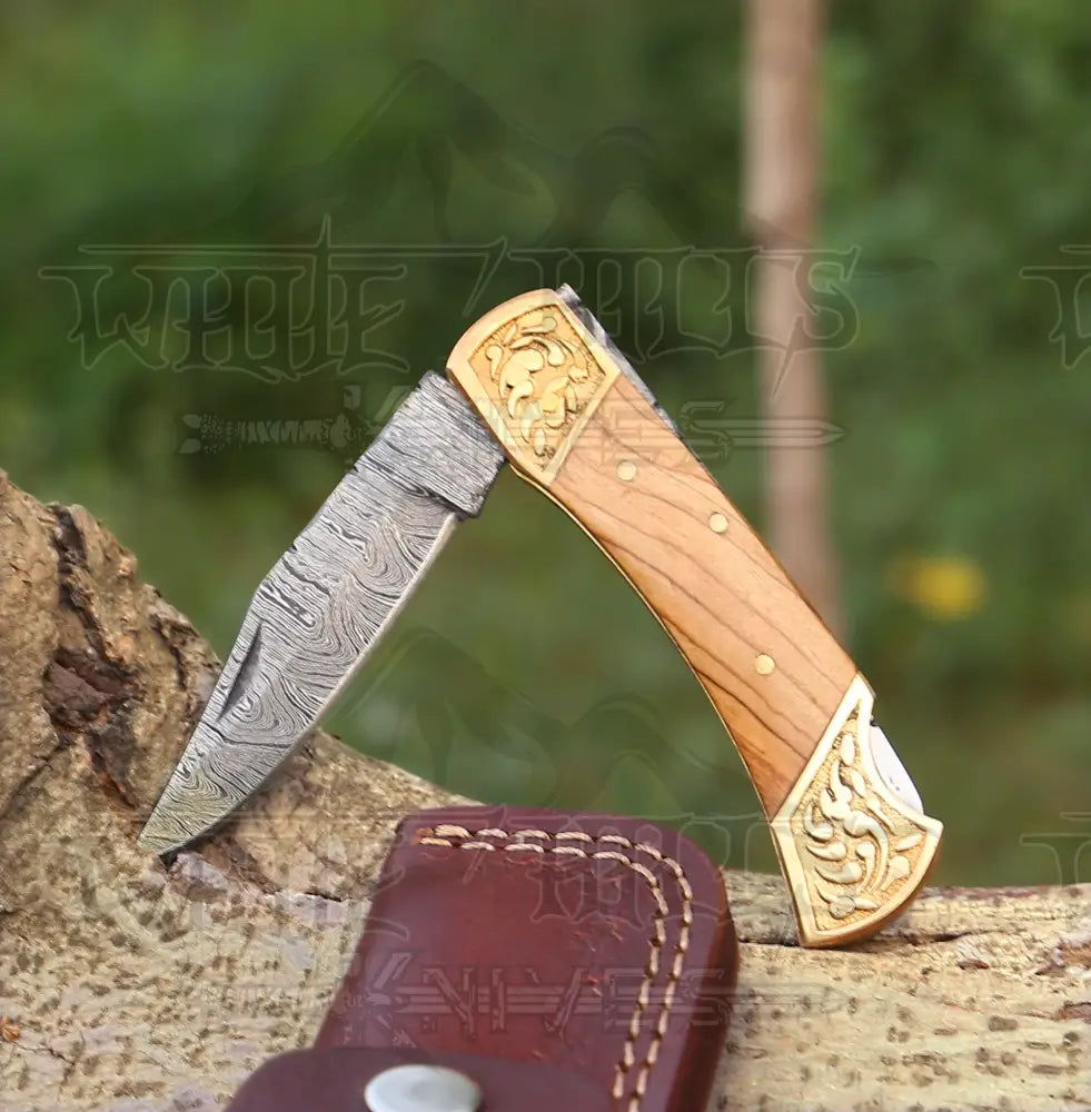 Custom Hand Made Forged Damascus Folding Knife Engraved Brass Stained Wood Handle Wh 2824