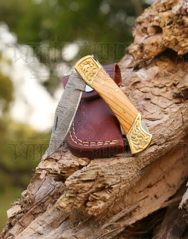 Custom Hand Made Forged Damascus Folding Knife Engraved Brass Stained Wood Handle Wh 2824