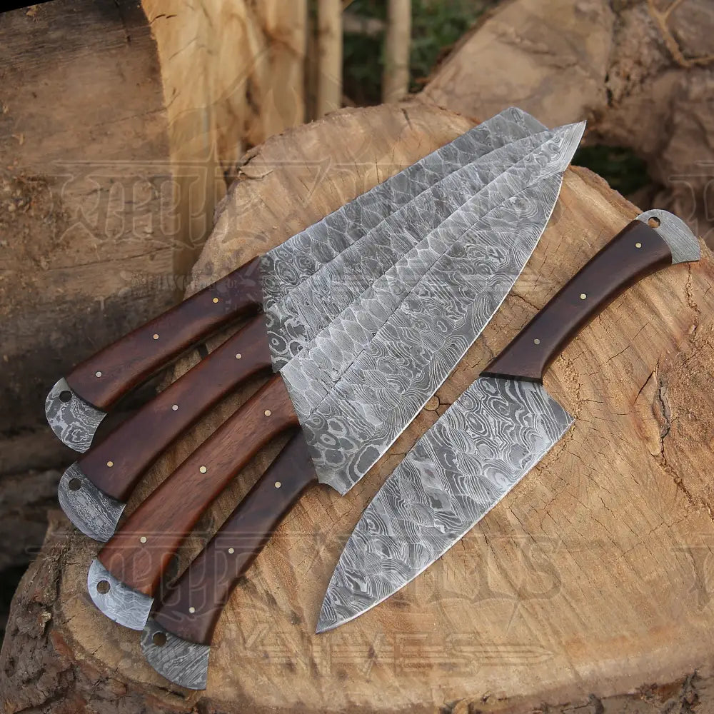 Custom Hand Made Forged Damascus Steel Chef Knife Set Kitchen Knives With Wood Handle Wh 9009