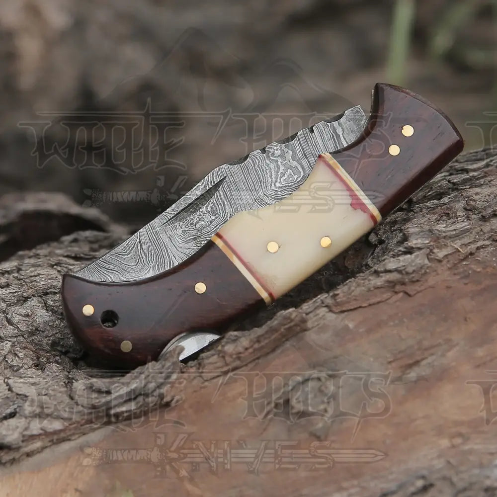 Custom Hand Made Forged Damascus Steel Folding Knife Wood & Bone Handle Wh 2842