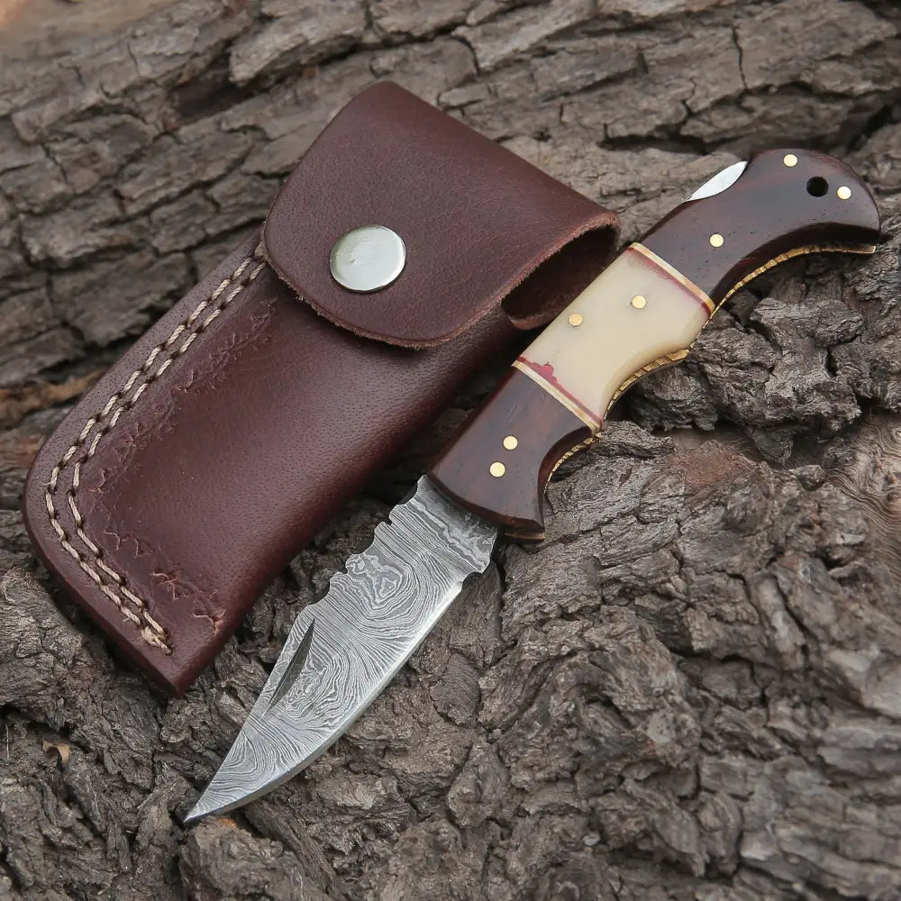 Custom Hand Made Forged Damascus Steel Folding Knife Wood & Bone Handle Wh 2842
