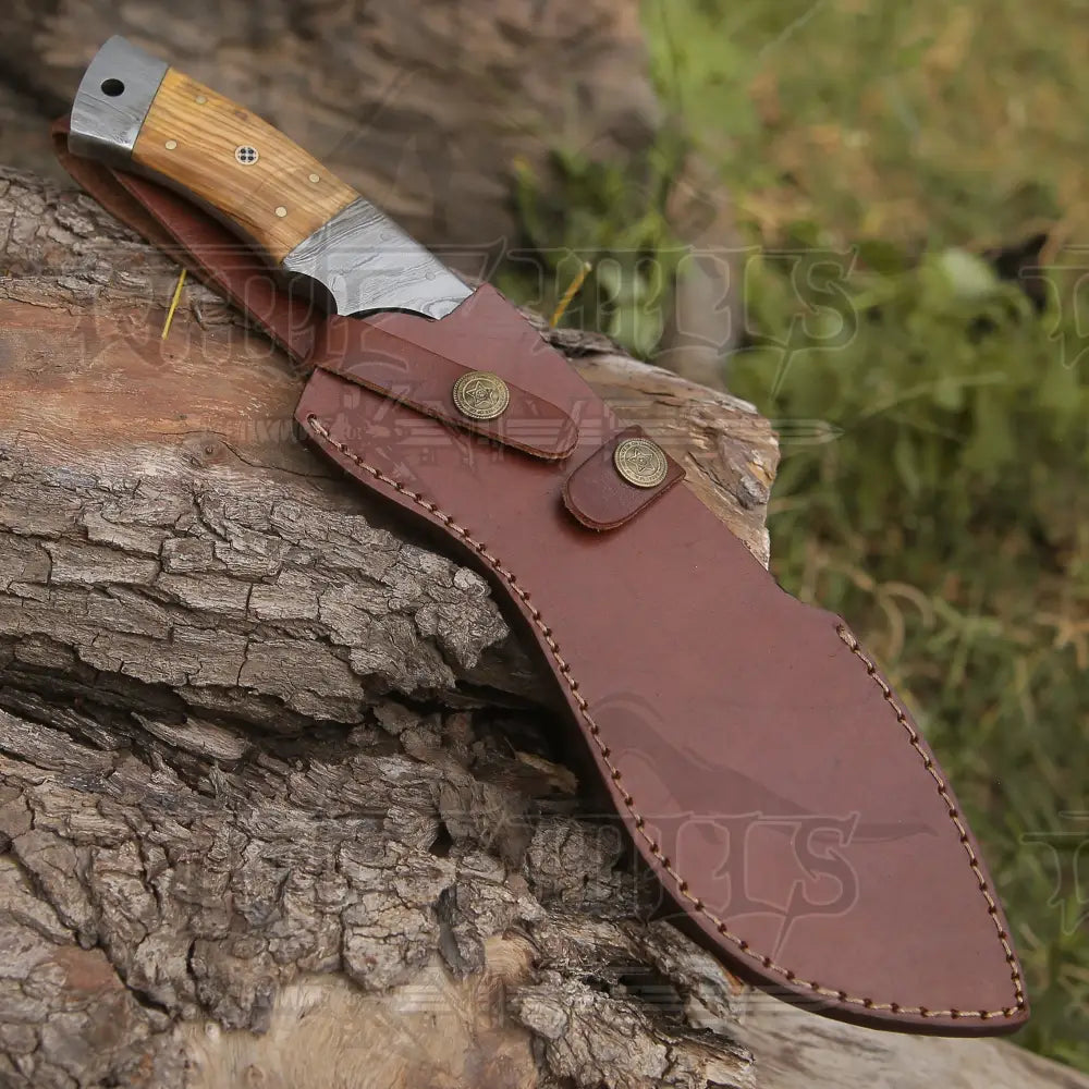 Custom Hand Made Forged Damascus Steel Hunting Kukri Knife Bolster Olive Wood Handle Wh 2254 Kukri