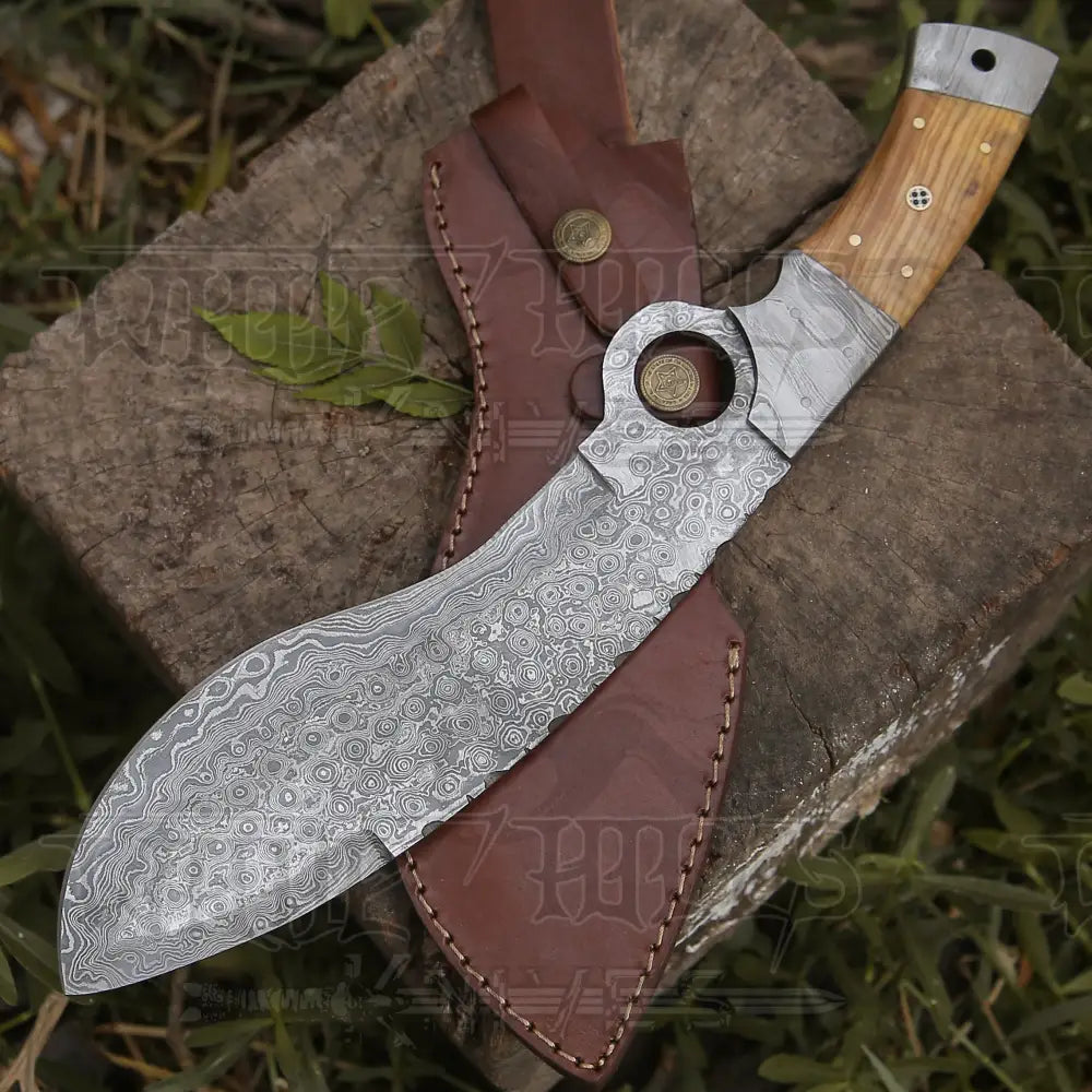 Custom Hand Made Forged Damascus Steel Hunting Kukri Knife Bolster Olive Wood Handle Wh 2254 Kukri