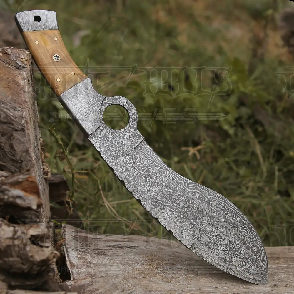 Custom Hand Made Forged Damascus Steel Hunting Kukri Knife Bolster Olive Wood Handle Wh 2254 Kukri