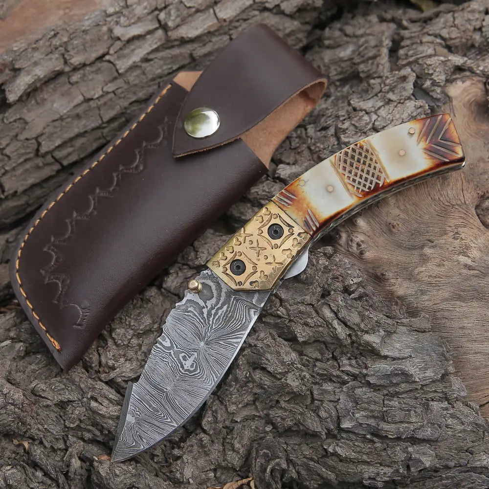 Custom Handmade Damascus Steel Folding Blade Pocket Knife With Engraved Camel Bone Handle Wh 3862