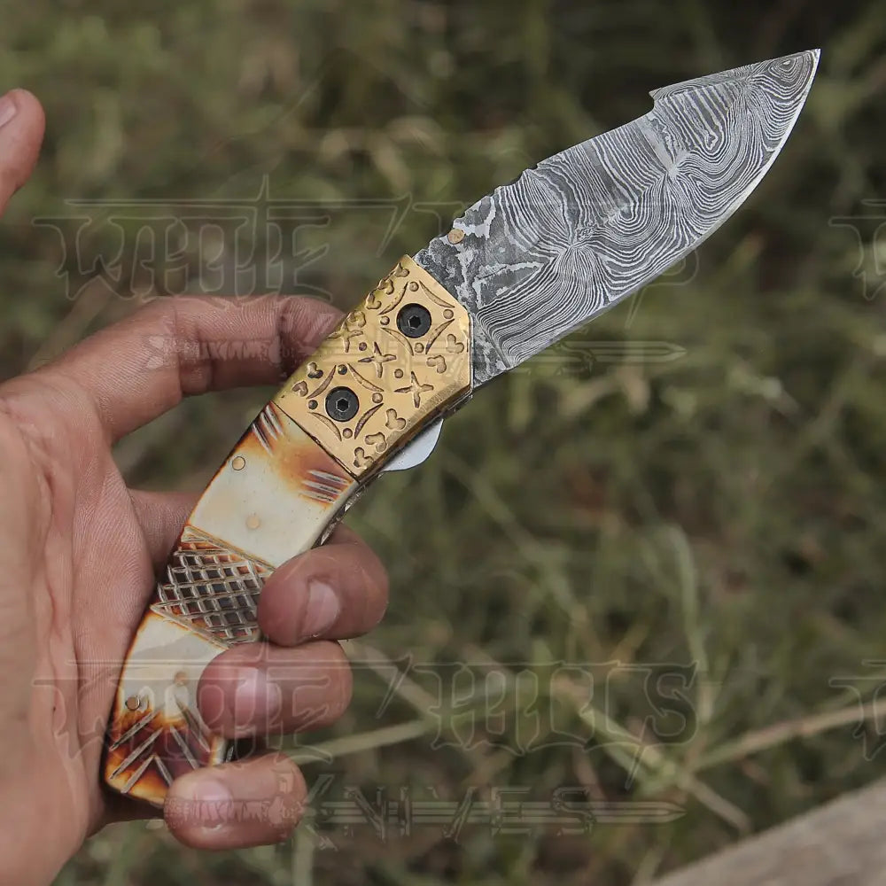 Custom Handmade Damascus Steel Folding Blade Pocket Knife With Engraved Camel Bone Handle Wh 3862