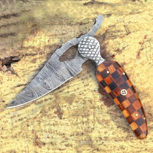 Custom Handmade Damascus Steel Hunting Folding Knife With Engraved Bolster & Wood Handle Come