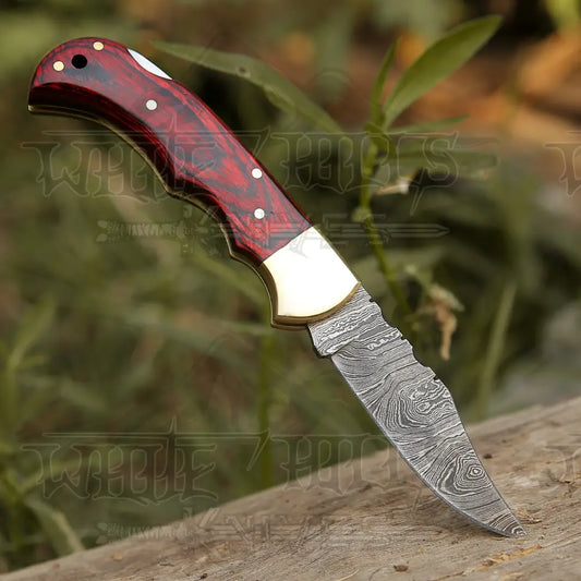 Custom Handmade Damascus Steel Pocket Folding Knife Stained Wood Handle Wh 1255