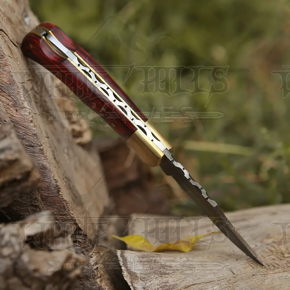 Custom Handmade Damascus Steel Pocket Folding Knife Stained Wood Handle Wh 1255