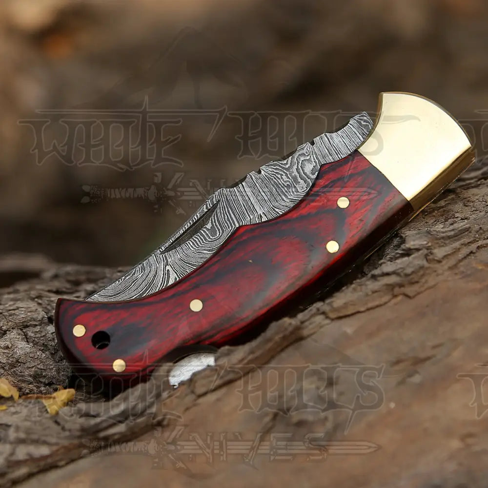 Custom Handmade Damascus Steel Pocket Folding Knife Stained Wood Handle Wh 1255