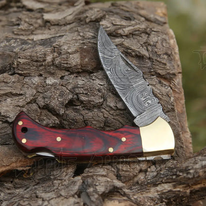 Custom Handmade Damascus Steel Pocket Folding Knife Stained Wood Handle Wh 1255