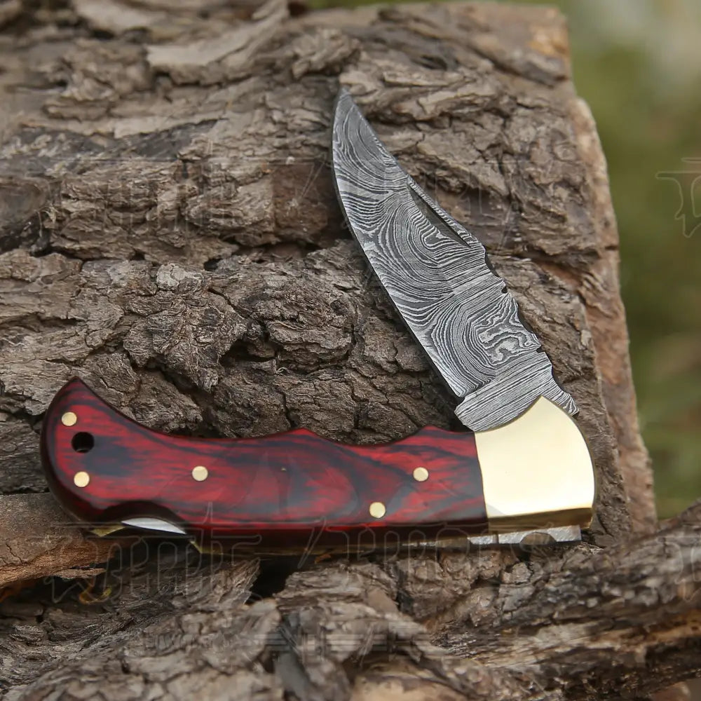 Custom Handmade Damascus Steel Pocket Folding Knife Stained Wood Handle Wh 1255