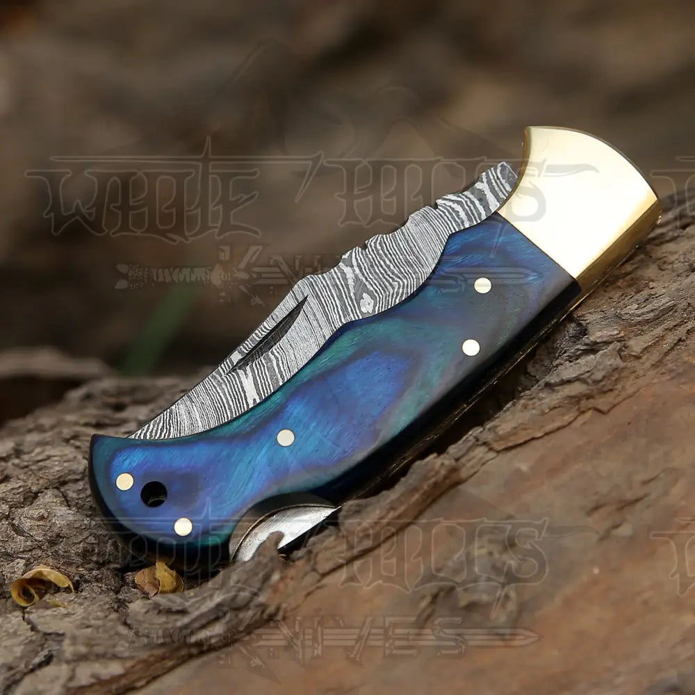 Custom Handmade Damascus Steel Pocket Folding Knife Stained Wood Handle Wh 1256