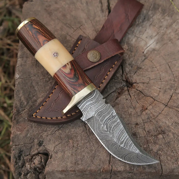 Custom Handmade Damascus Knife with Camel Bone & Leather Sheath. Pocket Knife. Folding Knife.Hunting Knife.Edc Knife.Coltello.Couteau.Messer order