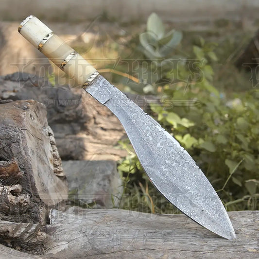Custom Handmade Forged Damascus Steel Survival Hunting Bushcraft Kukri Knife Edc 12 With Camel Bone