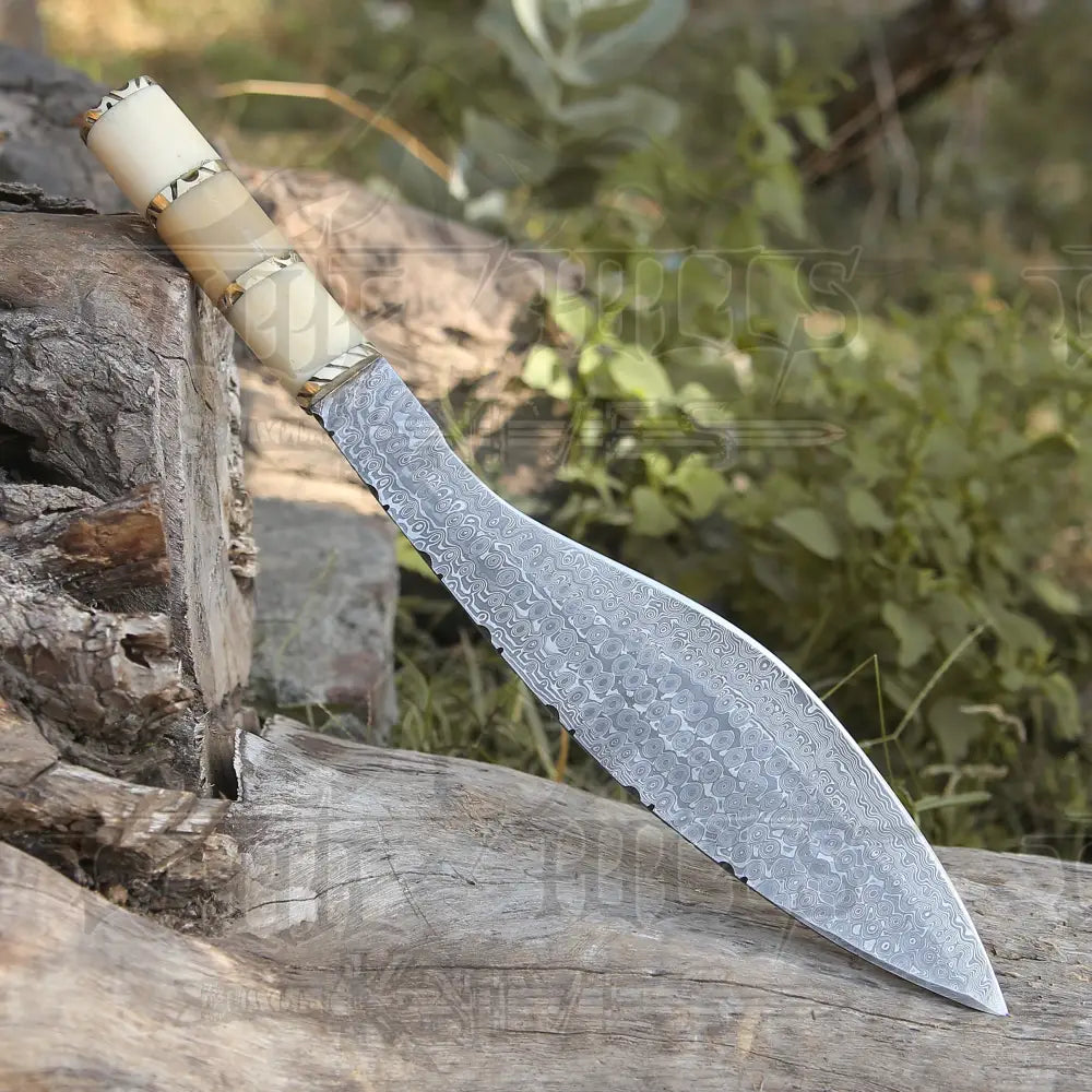 Custom Handmade Forged Damascus Steel Survival Hunting Bushcraft Kukri Knife Edc 12 With Camel Bone