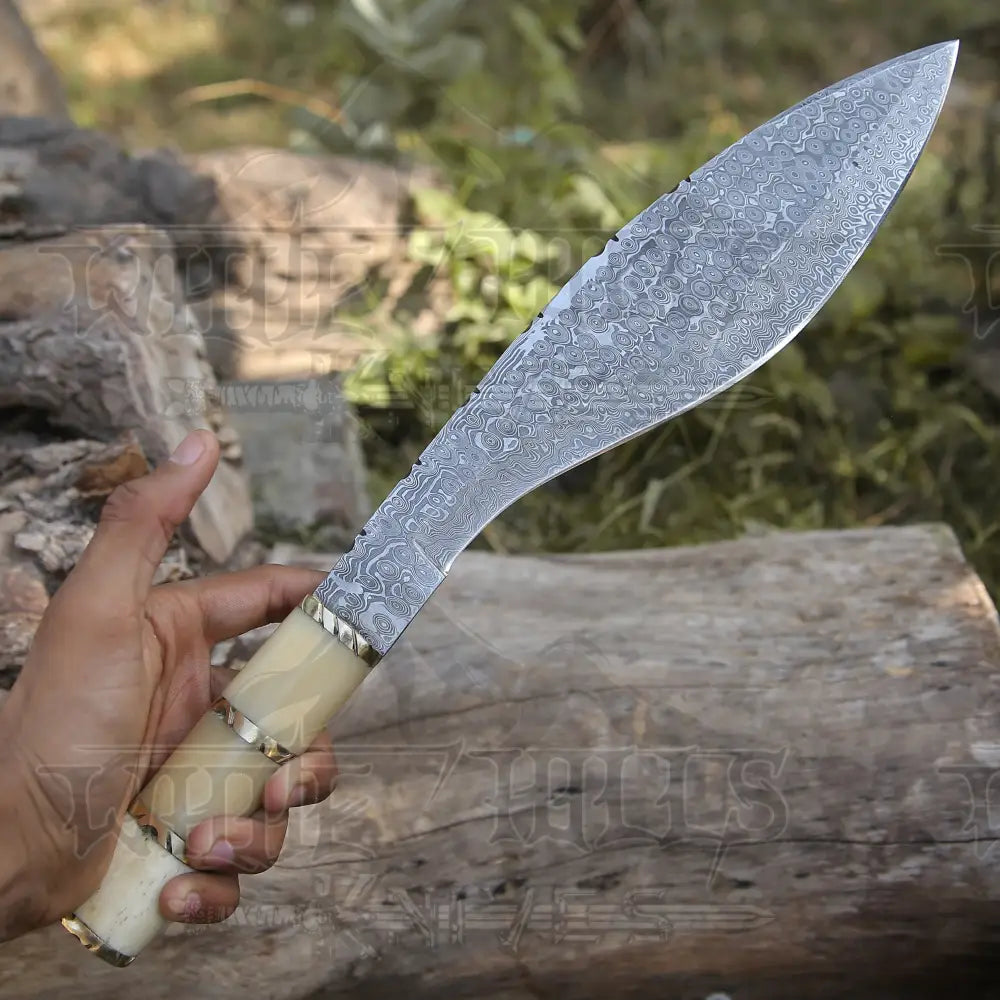Custom Handmade Forged Damascus Steel Survival Hunting Bushcraft Kukri Knife Edc 12 With Camel Bone