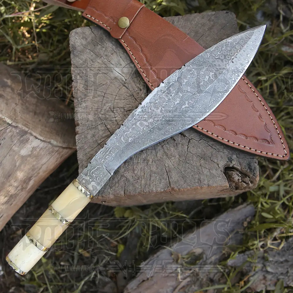 Custom Handmade Forged Damascus Steel Survival Hunting Bushcraft Kukri Knife Edc 12 With Camel Bone