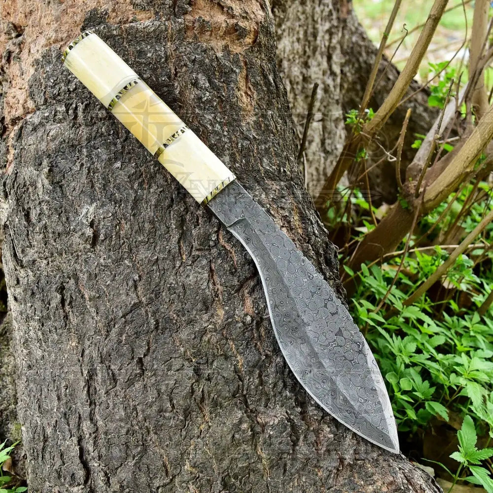 Custom Handmade Forged Damascus Steel Survival Hunting Bushcraft Kukri Knife Edc 12 With Camel Bone
