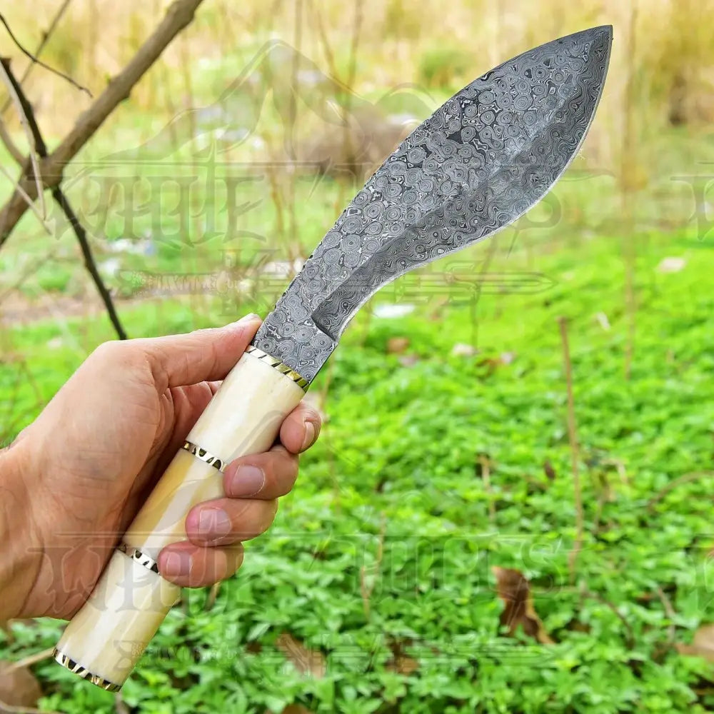 Custom Handmade Forged Damascus Steel Survival Hunting Bushcraft Kukri Knife Edc 12 With Camel Bone