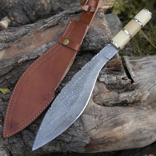 Custom Handmade Forged Damascus Steel Survival Hunting Bushcraft Kukri Knife Edc 12 With Camel Bone